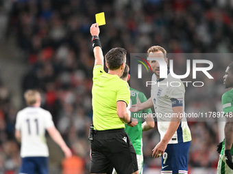 Harry Kane (9 England) receives a yellow card during the UEFA Nations League 2024/5, League B, Group B2 match between England and the Republ...