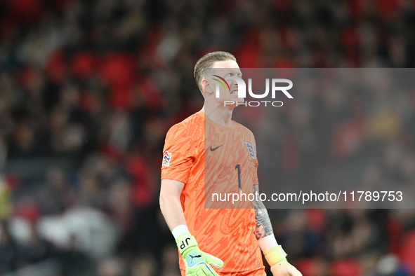 Goalkeeper Jordan Pickford of England pulls a face during the UEFA Nations League 2024/5, League B, Group B2 match between England and the R...