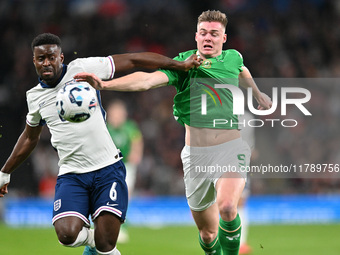 Marc Guehi (6 England) and Liam Scales (5 Republic of Ireland) battle for the ball during the UEFA Nations League 2024/5, League B, Group B2...