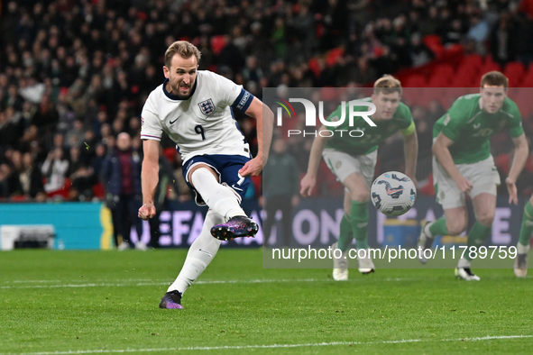 Harry Kane (9 England) scores from the penalty spot during the UEFA Nations League 2024/5, League B, Group B2 match between England and the...