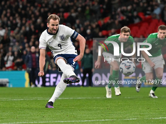 Harry Kane (9 England) scores from the penalty spot during the UEFA Nations League 2024/5, League B, Group B2 match between England and the...