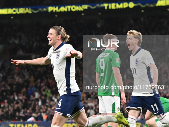 Connor Gallagher (4 England) celebrates scoring the third goal during the UEFA Nations League 2024/5, League B, Group B2 match between Engla...