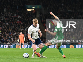 Lewis Hall (12 England) is challenged by Jayson Molumby (8 Republic of Ireland) during the UEFA Nations League 2024/5, League B, Group B2 ma...