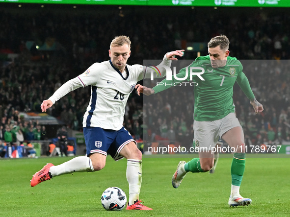 Jarrod Bowen is challenged by Sammie Szmodics (7 Republic of Ireland) during the UEFA Nations League 2024/5, League B, Group B2 match betwee...