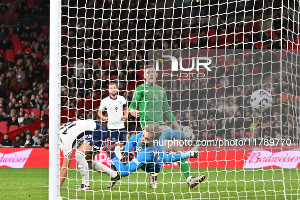 Taylor Harwood Bellis (16 England) scores during the UEFA Nations League 2024/5, League B, Group B2 match between England and the Republic o...