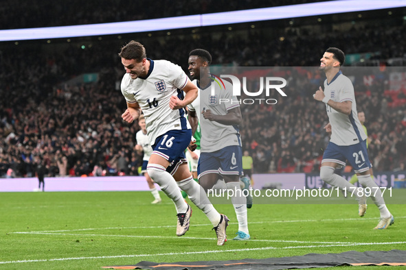 Taylor Harwood Bellis, 16, from England, celebrates his goal during the UEFA Nations League 2024/5, League B, Group B2 match between England...