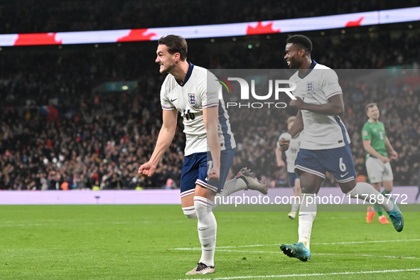 Taylor Harwood Bellis, 16, from England, celebrates his goal during the UEFA Nations League 2024/5, League B, Group B2 match between England...