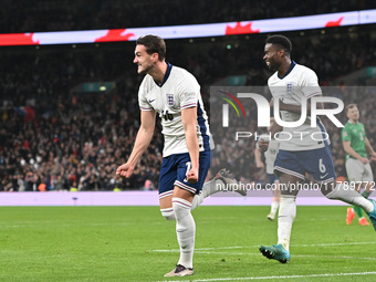 Taylor Harwood Bellis, 16, from England, celebrates his goal during the UEFA Nations League 2024/5, League B, Group B2 match between England...