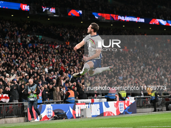 Taylor Harwood Bell celebrates his goal, England's fifth, during the UEFA Nations League 2024/5, League B, Group B2 match between England an...