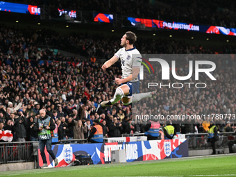 Taylor Harwood Bell celebrates his goal, England's fifth, during the UEFA Nations League 2024/5, League B, Group B2 match between England an...