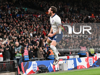 Taylor Harwood Bellis, 16, from England, celebrates his goal during the UEFA Nations League 2024/5, League B, Group B2 match between England...