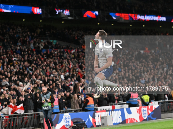 Taylor Harwood Bell celebrates his goal, England's fifth, during the UEFA Nations League 2024/5, League B, Group B2 match between England an...