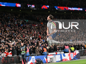 Taylor Harwood Bell celebrates his goal, England's fifth, during the UEFA Nations League 2024/5, League B, Group B2 match between England an...