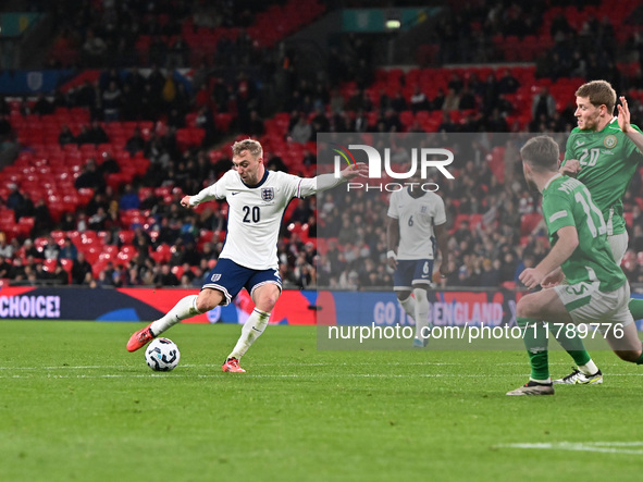 Jarrod Bowen shoots during the UEFA Nations League 2024/5, League B, Group B2 match between England and the Republic of Ireland at Wembley S...