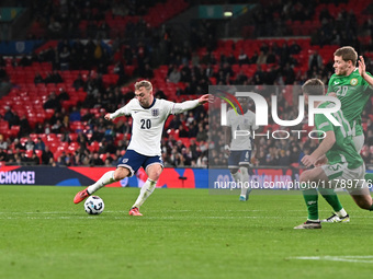 Jarrod Bowen shoots during the UEFA Nations League 2024/5, League B, Group B2 match between England and the Republic of Ireland at Wembley S...