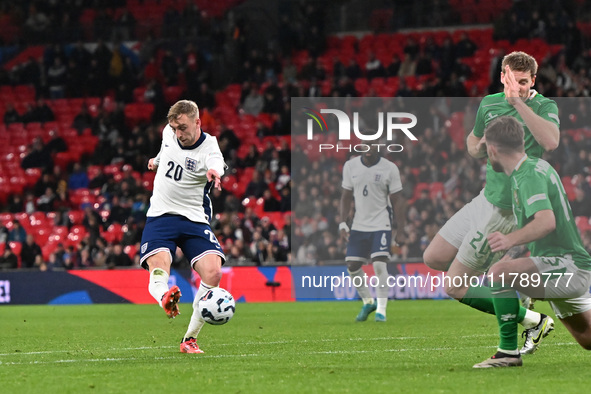 Jarrod Bowen (20 England) shoots during the UEFA Nations League 2024/5, League B, Group B2 match between England and the Republic of Ireland...