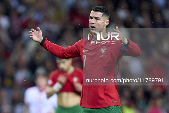 Cristiano Ronaldo of Portugal reacts during the UEFA Nations League 2024/25 League A Group A1 match between Portugal and Poland at Estadio D...