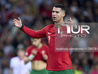 Cristiano Ronaldo of Portugal reacts during the UEFA Nations League 2024/25 League A Group A1 match between Portugal and Poland at Estadio D...