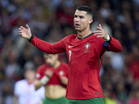 Cristiano Ronaldo of Portugal reacts during the UEFA Nations League 2024/25 League A Group A1 match between Portugal and Poland at Estadio D...