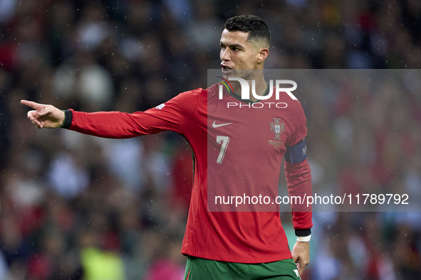 Cristiano Ronaldo of Portugal reacts during the UEFA Nations League 2024/25 League A Group A1 match between Portugal and Poland at Estadio D...