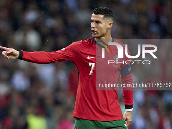 Cristiano Ronaldo of Portugal reacts during the UEFA Nations League 2024/25 League A Group A1 match between Portugal and Poland at Estadio D...