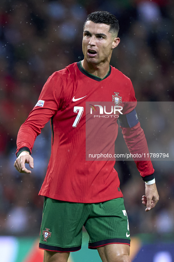 Cristiano Ronaldo of Portugal reacts during the UEFA Nations League 2024/25 League A Group A1 match between Portugal and Poland at Estadio D...