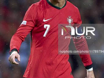 Cristiano Ronaldo of Portugal reacts during the UEFA Nations League 2024/25 League A Group A1 match between Portugal and Poland at Estadio D...