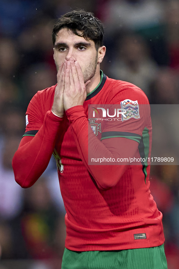 Pedro Neto of Portugal reacts during the UEFA Nations League 2024/25 League A Group A1 match between Portugal and Poland at Estadio Do Draga...