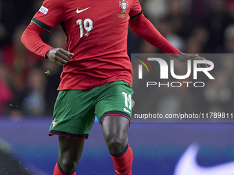 Nuno Mendes of Portugal is in action during the UEFA Nations League 2024/25 League A Group A1 match between Portugal and Poland at Estadio D...