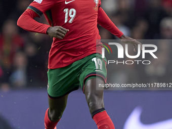 Nuno Mendes of Portugal is in action during the UEFA Nations League 2024/25 League A Group A1 match between Portugal and Poland at Estadio D...