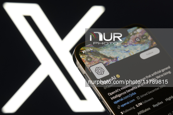 An editorial image shows an iPhone screen with OpenAI's personal account displayed on the X social network platform. 