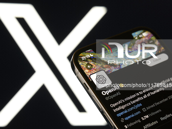 An editorial image shows an iPhone screen with OpenAI's personal account displayed on the X social network platform. (