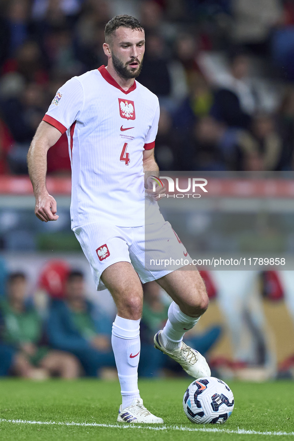 Sebastian Walukiewicz of Poland is in action during the UEFA Nations League 2024/25 League A Group A1 match between Portugal and Poland at E...