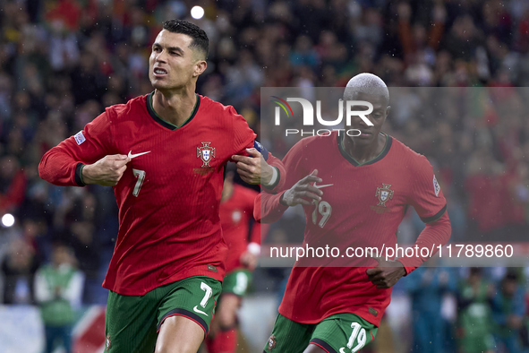 Cristiano Ronaldo of Portugal celebrates after scoring his team's second goal during the UEFA Nations League 2024/25 League A Group A1 match...