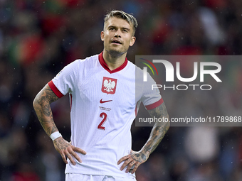 Kamil Piatkowski of Poland reacts during the UEFA Nations League 2024/25 League A Group A1 match between Portugal and Poland at Estadio Do D...