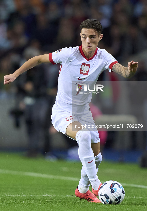 Kacper Urbanski of Poland plays during the UEFA Nations League 2024/25 League A Group A1 match between Portugal and Poland at Estadio Do Dra...