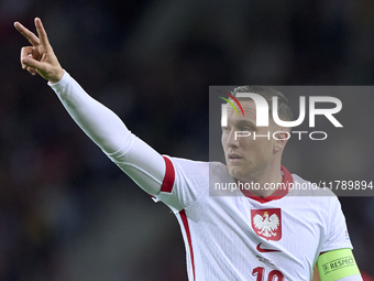 Piotr Zielinski of Poland reacts during the UEFA Nations League 2024/25 League A Group A1 match between Portugal and Poland at Estadio Do Dr...