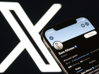 An editorial image shows an iPhone screen displaying Sam Altman's personal account on the X social network platform. The X logo appears subt...