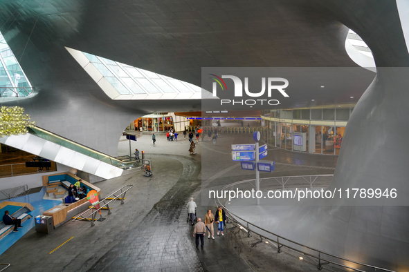 The entrance hall of Arnhem Centraal Station in Arnhem, Netherlands, on July 27, 2023, features a striking architectural design with flowing...