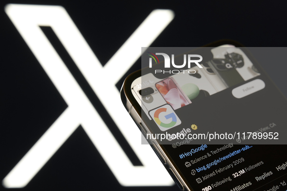 An editorial image shows an iPhone screen with Google's personal account displayed on the X social network platform. 