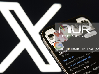 An editorial image shows an iPhone screen with Google's personal account displayed on the X social network platform. (