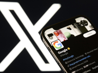 An editorial image shows an iPhone screen with Google's personal account displayed on the X social network platform. (