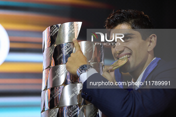 Jorge Martin of Spain and Prima Pramac Racing Ducati new MotoGP World Champion during the MotoGP Awards 2024 at the Museu Nacional d'Art de...