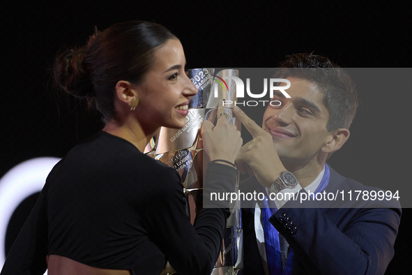 Jorge Martin of Spain and Prima Pramac Racing Ducati with his girlfriend Maria Monfort with the trophy of MotoGP Champion during the MotoGP...