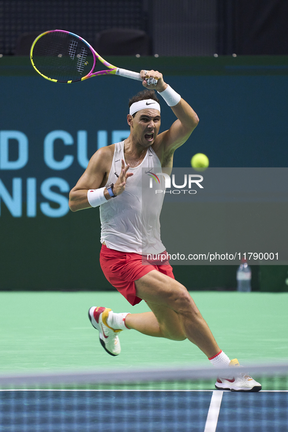 Rafael Nadal of Team Spain during Spain's training session prior to the Davis Cup match at Palacio de Deportes Jose Maria Martin Carpena on...