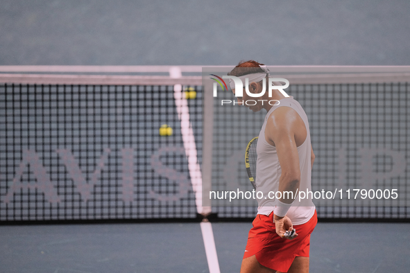 Rafael Nadal of Team Spain during Spain's training session prior to the Davis Cup match at Palacio de Deportes Jose Maria Martin Carpena on...