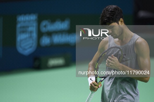 Carlos Alcaraz of Team Spain during Spain's training session prior to the Davis Cup match at Palacio de Deportes Jose Maria Martin Carpena o...