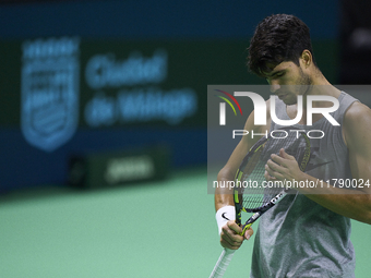 Carlos Alcaraz of Team Spain during Spain's training session prior to the Davis Cup match at Palacio de Deportes Jose Maria Martin Carpena o...