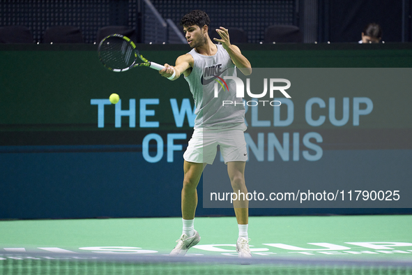 Carlos Alcaraz of Team Spain during Spain's training session prior to the Davis Cup match at Palacio de Deportes Jose Maria Martin Carpena o...