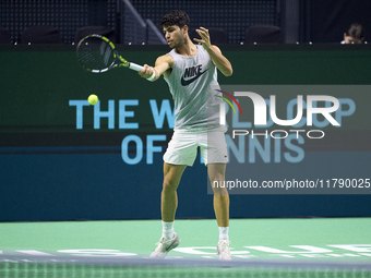 Carlos Alcaraz of Team Spain during Spain's training session prior to the Davis Cup match at Palacio de Deportes Jose Maria Martin Carpena o...